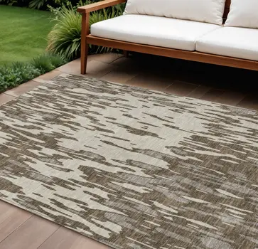 9' X 12' Brown And Ivory Abstract Washable Indoor Outdoor Area Rug