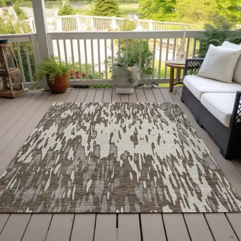 9' X 12' Brown And Ivory Abstract Washable Indoor Outdoor Area Rug