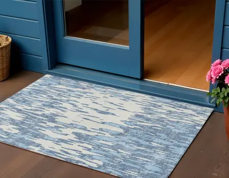 3' X 5' Denim Blue And Ivory Abstract Washable Indoor Outdoor Area Rug
