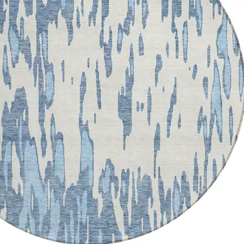 8' Denim Blue And Ivory Round Abstract Washable Indoor Outdoor Area Rug