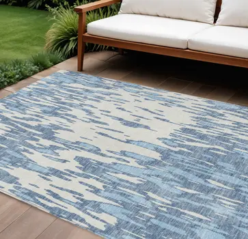 9' X 12' Denim Blue And Ivory Abstract Washable Indoor Outdoor Area Rug