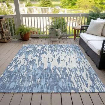9' X 12' Denim Blue And Ivory Abstract Washable Indoor Outdoor Area Rug