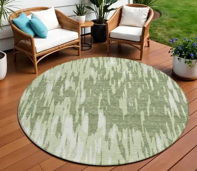 8' Green And Ivory Round Abstract Washable Indoor Outdoor Area Rug