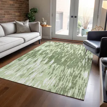 8' X 10' Green And Ivory Abstract Washable Indoor Outdoor Area Rug