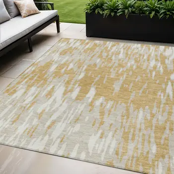 5' X 8' Gold And Ivory Abstract Washable Indoor Outdoor Area Rug