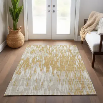 5' X 8' Gold And Ivory Abstract Washable Indoor Outdoor Area Rug