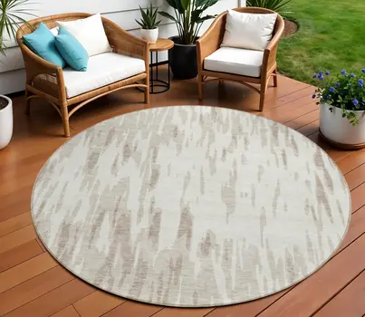 8' Ivory And Off White Round Abstract Washable Indoor Outdoor Area Rug