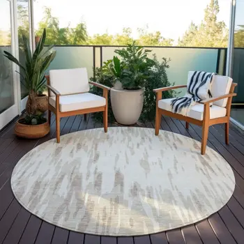 8' Ivory And Off White Round Abstract Washable Indoor Outdoor Area Rug