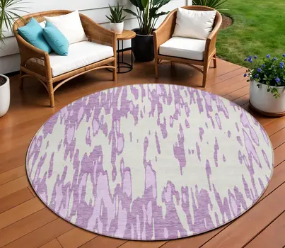 8' Lavender And Ivory Round Abstract Washable Indoor Outdoor Area Rug