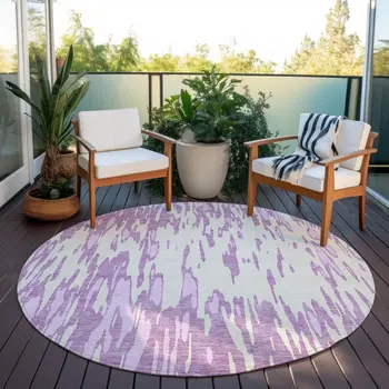 8' Lavender And Ivory Round Abstract Washable Indoor Outdoor Area Rug