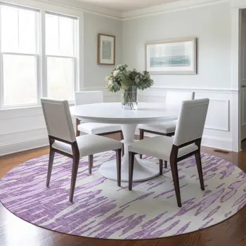 8' Lavender And Ivory Round Abstract Washable Indoor Outdoor Area Rug