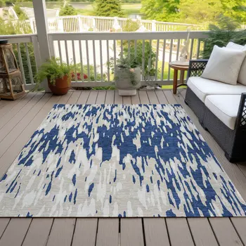 3' X 5' Navy Blue And Ivory Abstract Washable Indoor Outdoor Area Rug