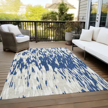 3' X 5' Navy Blue And Ivory Abstract Washable Indoor Outdoor Area Rug