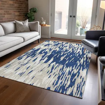 5' X 8' Navy Blue And Ivory Abstract Washable Indoor Outdoor Area Rug