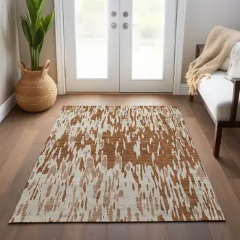 5' X 8' Orange And Ivory Abstract Washable Indoor Outdoor Area Rug