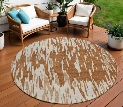 8' Orange And Ivory Round Abstract Washable Indoor Outdoor Area Rug