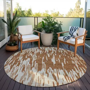 8' Orange And Ivory Round Abstract Washable Indoor Outdoor Area Rug