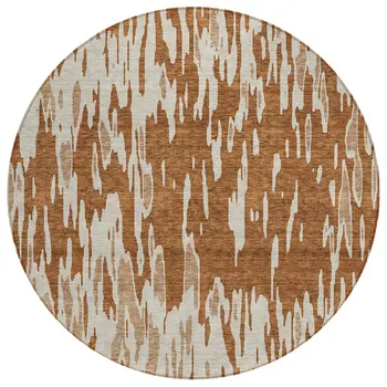8' Orange And Ivory Round Abstract Washable Indoor Outdoor Area Rug