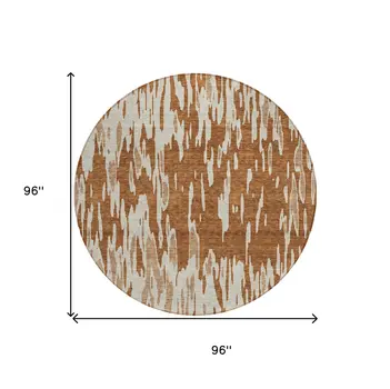 8' Orange And Ivory Round Abstract Washable Indoor Outdoor Area Rug