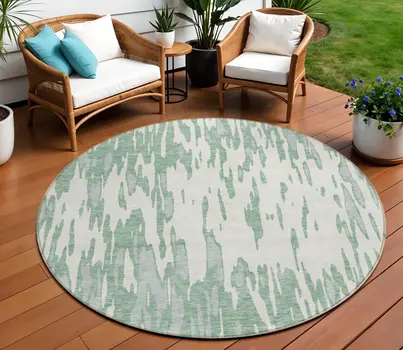 8' Sage And Ivory Round Abstract Washable Indoor Outdoor Area Rug