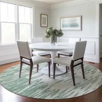8' Sage And Ivory Round Abstract Washable Indoor Outdoor Area Rug