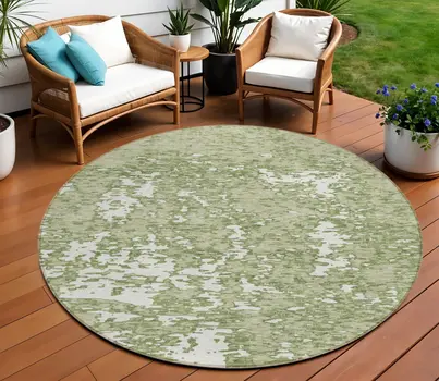 8' Sage And Ivory Round Abstract Washable Indoor Outdoor Area Rug