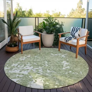8' Sage And Ivory Round Abstract Washable Indoor Outdoor Area Rug