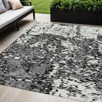 5' X 8' Black And Ivory Abstract Washable Indoor Outdoor Area Rug