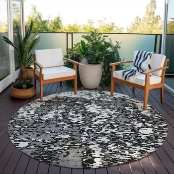8' Black And Ivory Round Abstract Washable Indoor Outdoor Area Rug