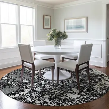 8' Black And Ivory Round Abstract Washable Indoor Outdoor Area Rug