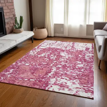 3' X 5' Blush And Ivory Abstract Washable Indoor Outdoor Area Rug