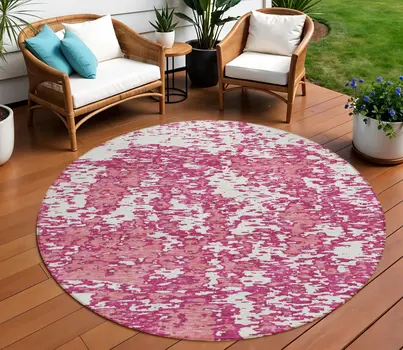 8' Blush And Ivory Round Abstract Washable Indoor Outdoor Area Rug
