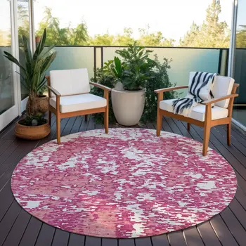 8' Blush And Ivory Round Abstract Washable Indoor Outdoor Area Rug