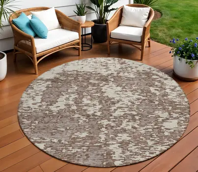 8' Brown And Ivory Round Abstract Washable Indoor Outdoor Area Rug