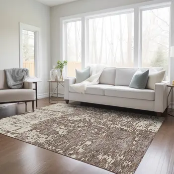 8' X 10' Brown And Ivory Abstract Washable Indoor Outdoor Area Rug