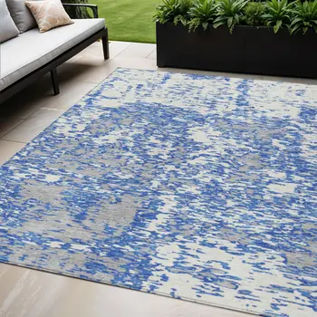 5' X 8' Blue And Ivory Abstract Washable Indoor Outdoor Area Rug