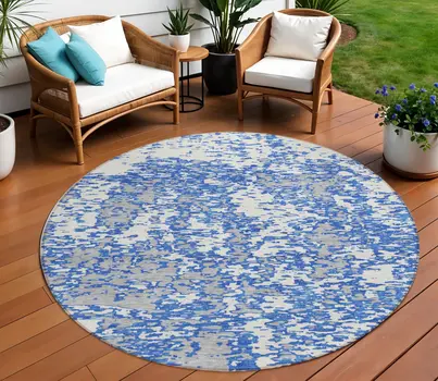8' Blue And Ivory Round Abstract Washable Indoor Outdoor Area Rug