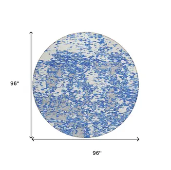8' Blue And Ivory Round Abstract Washable Indoor Outdoor Area Rug