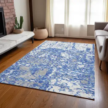 8' X 10' Blue And Ivory Abstract Washable Indoor Outdoor Area Rug