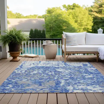 9' X 12' Blue And Ivory Abstract Washable Indoor Outdoor Area Rug