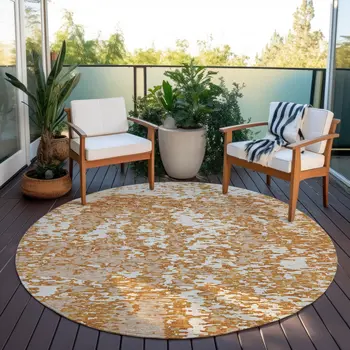 8' Copper And Ivory Round Abstract Washable Indoor Outdoor Area Rug