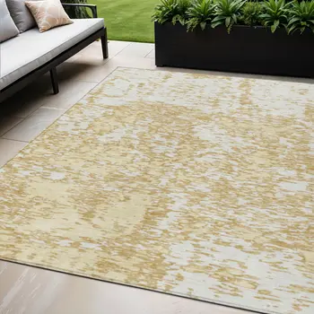 5' X 8' Gold And Ivory Abstract Washable Indoor Outdoor Area Rug