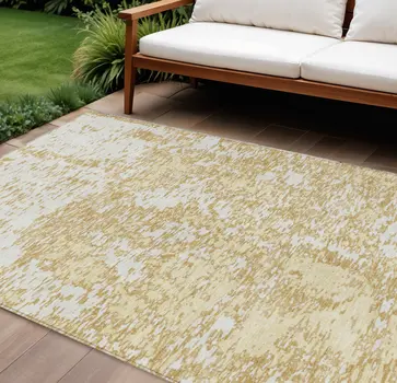 9' X 12' Gold And Ivory Abstract Washable Indoor Outdoor Area Rug