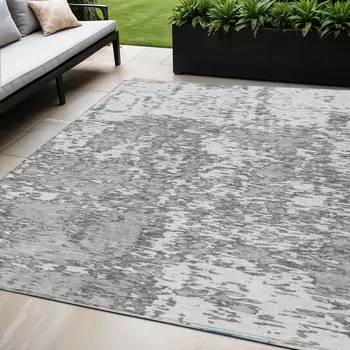 5' X 8' Gray And Ivory Abstract Washable Indoor Outdoor Area Rug