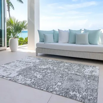8' X 10' Gray And Ivory Abstract Washable Indoor Outdoor Area Rug