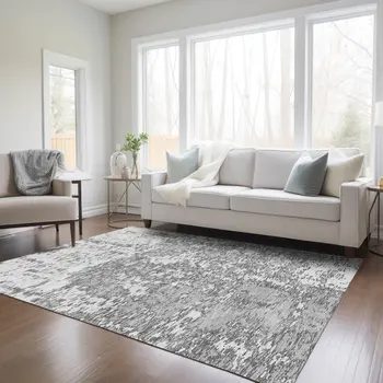 9' X 12' Gray And Ivory Abstract Washable Indoor Outdoor Area Rug