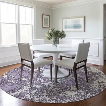 8' Lavender And Ivory Round Abstract Washable Indoor Outdoor Area Rug