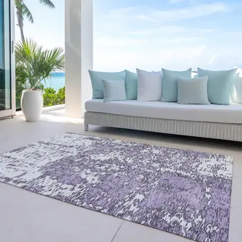 10' X 14' Lavender And Ivory Abstract Washable Indoor Outdoor Area Rug