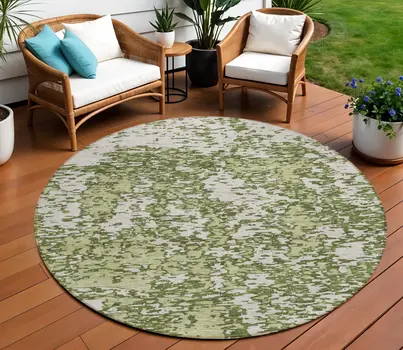 8' Olive Green And Ivory Round Abstract Washable Indoor Outdoor Area Rug