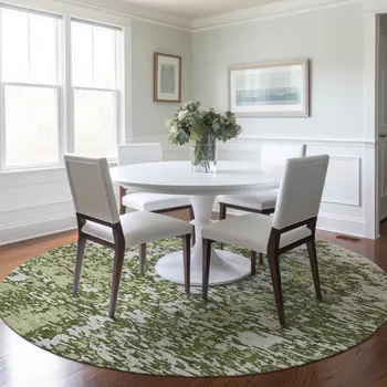 8' Olive Green And Ivory Round Abstract Washable Indoor Outdoor Area Rug
